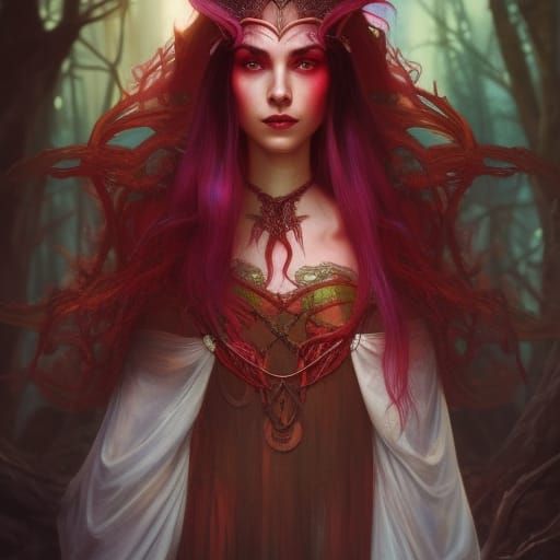 Mystic Elven Witch in Crimson Forest Portrait