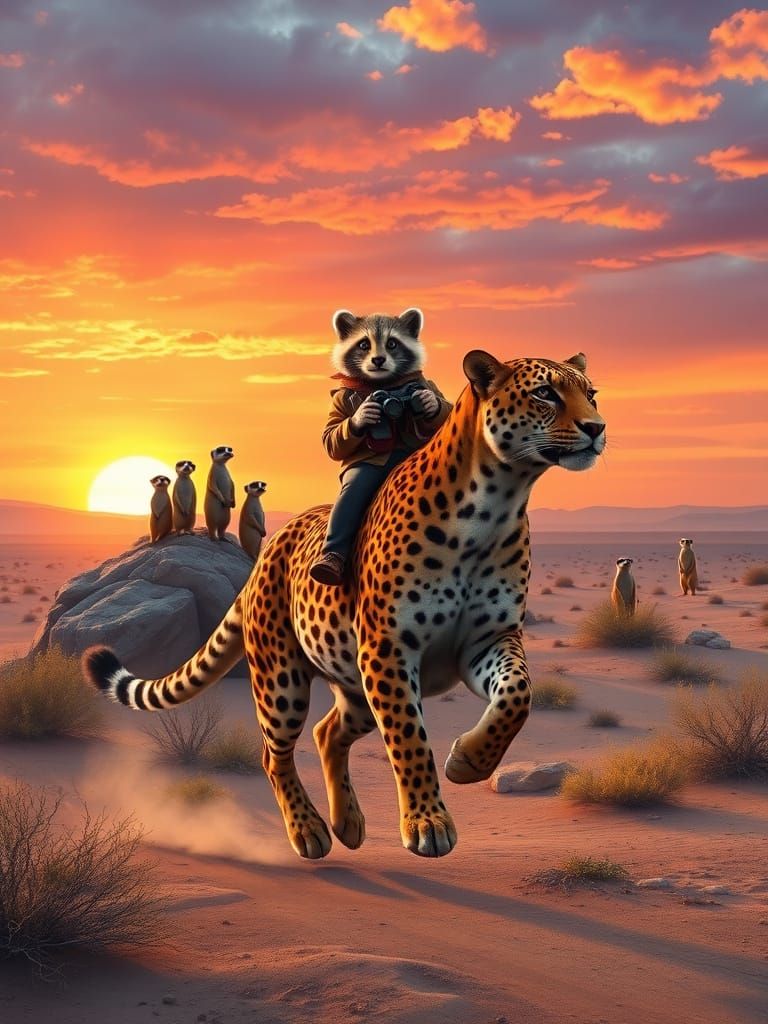 Golden Jaguar Rides with Curious Raccoon through Desert Suns...