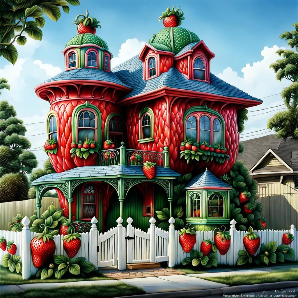 Cute Strawberry House in Hyperdetailed Airbrush Style