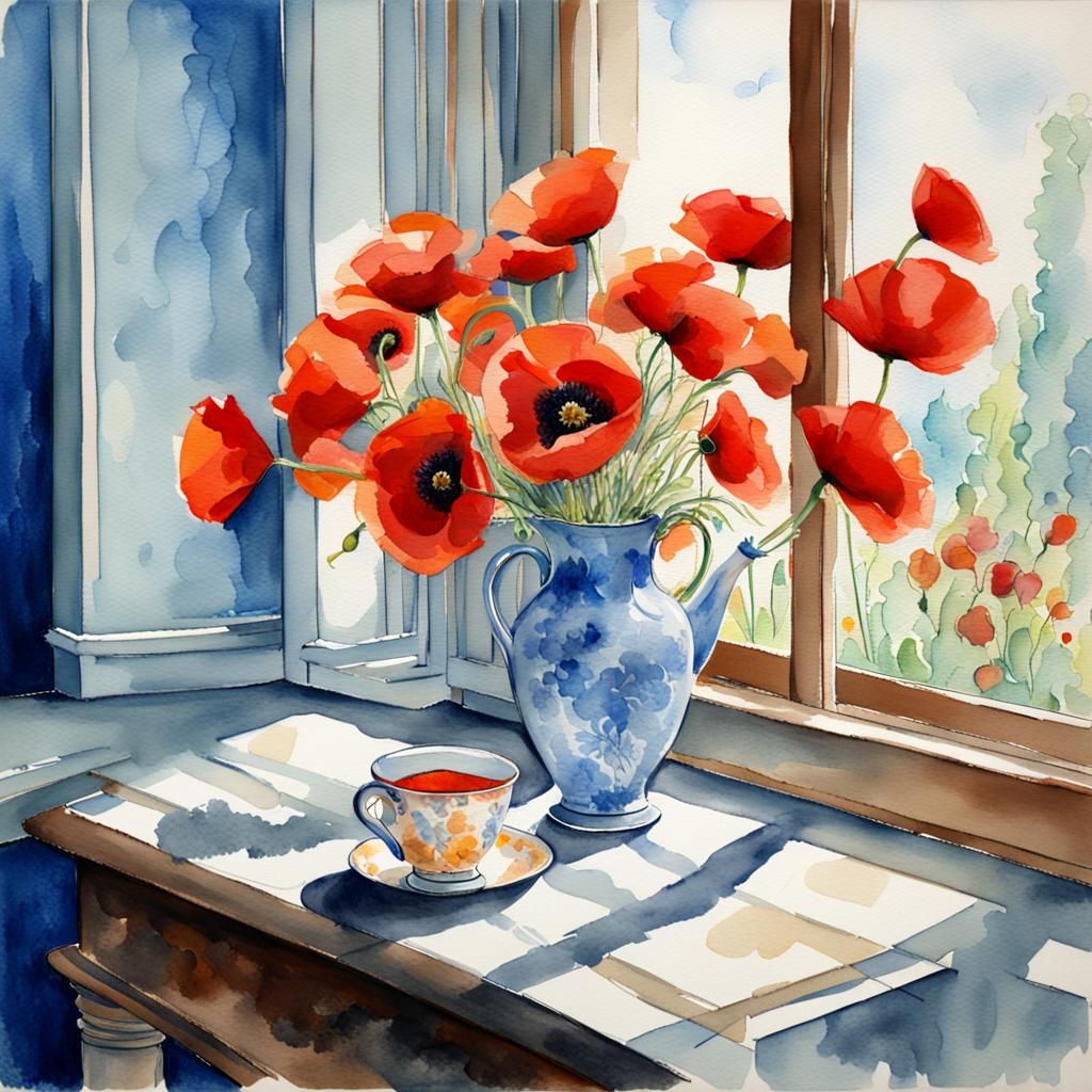 Watercolor Poppies in Murano Vase Still Life
