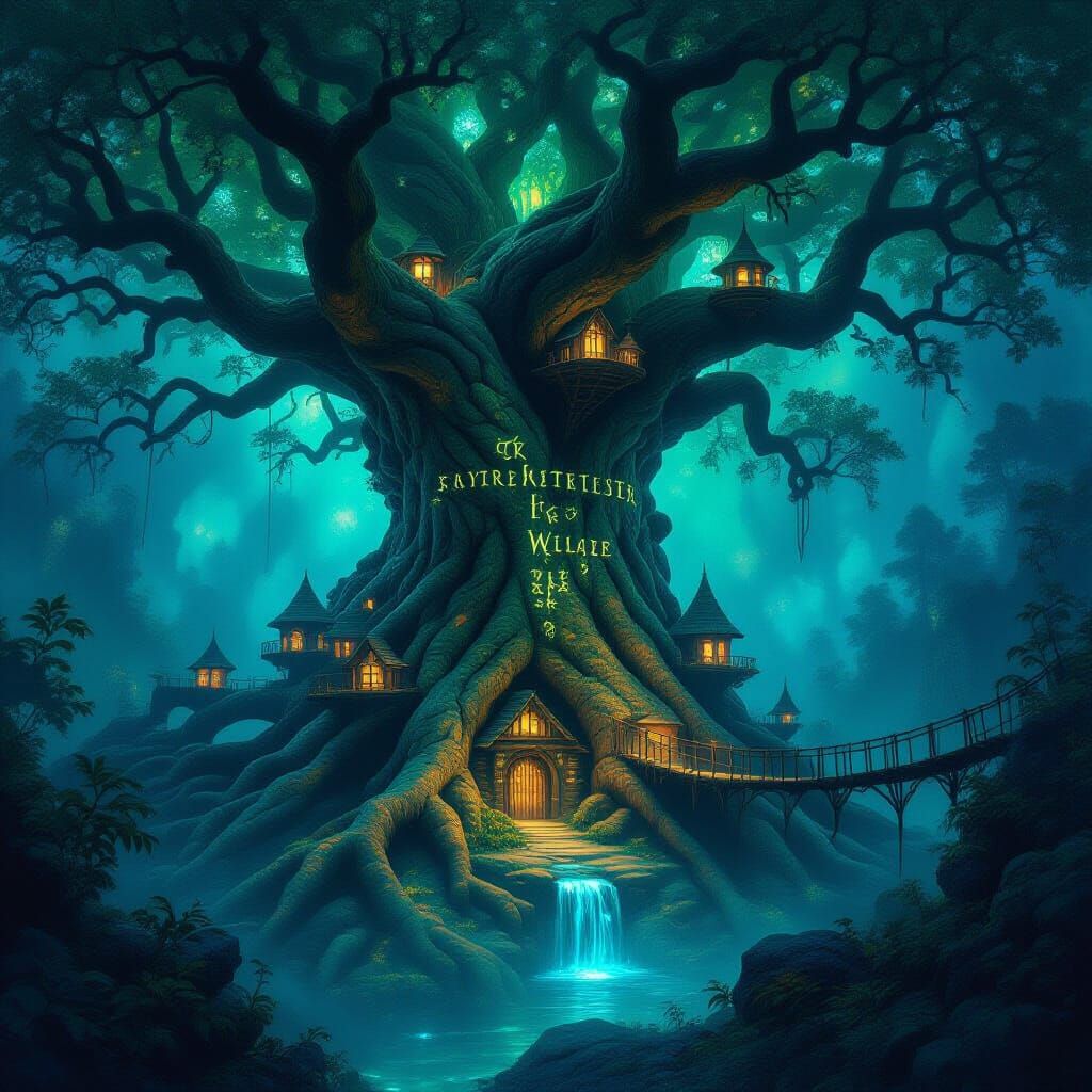 Ancient Tree Village in Bioluminescent Forest