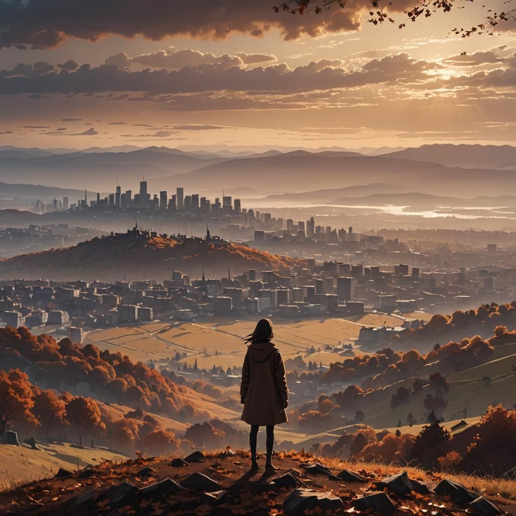 Girl Silhouette on Autumn Hill at Sunrise