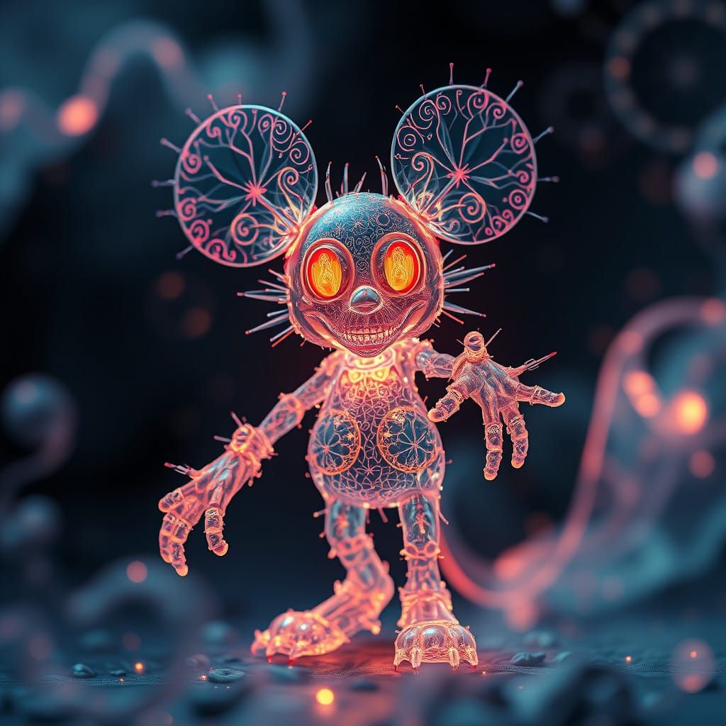 Ethereal Biohazard Mickey Mouse in Glowing Folk Patterns