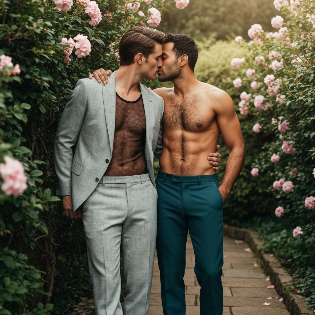 Two Stylish Men Share Intimate Kiss in Lush Garden