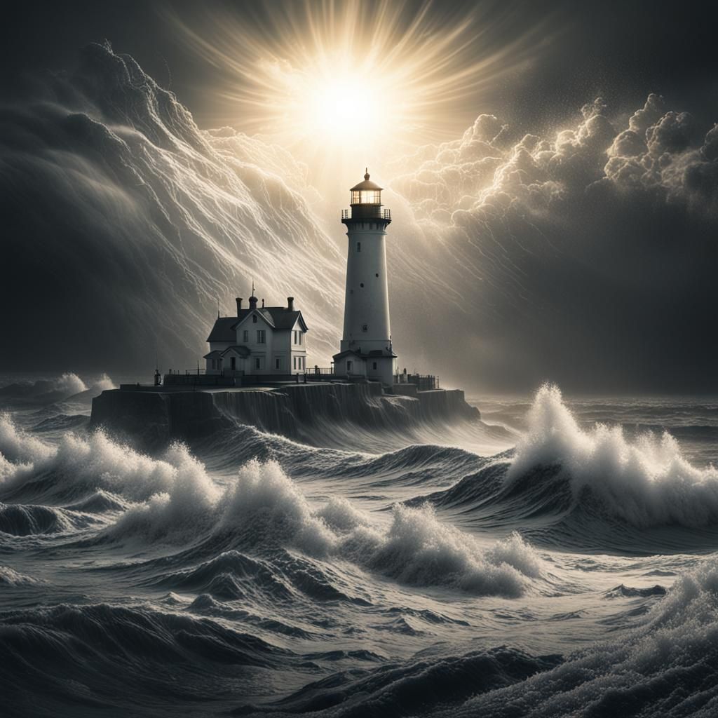 Monochrome Stormy Ocean Waves Double Exposure