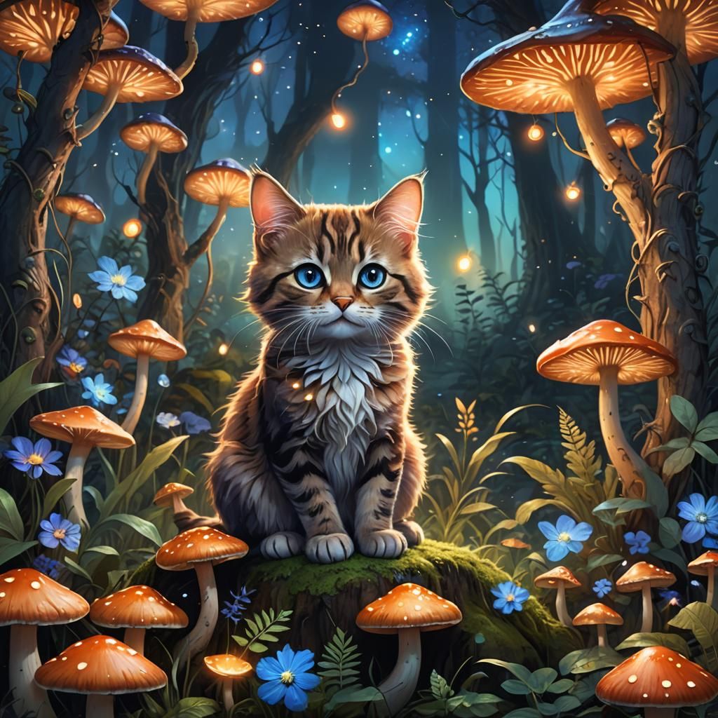Cute Cat in Whimsical Forest Fantasy Concept Art