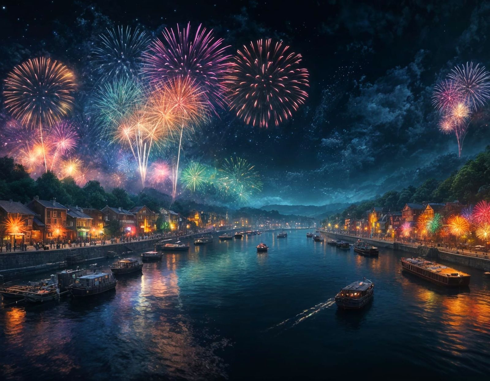 Vibrant Fireworks Display Over River at Night
