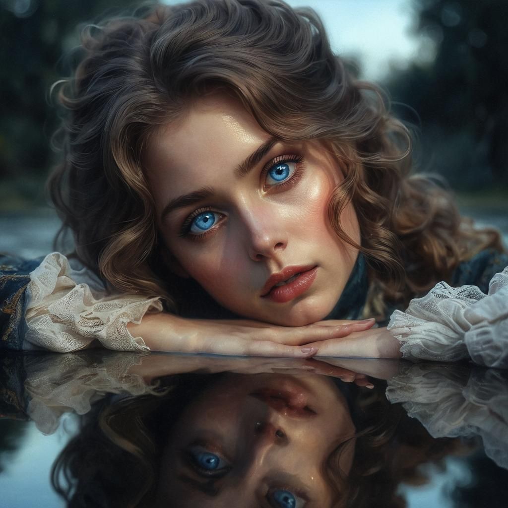 Blue-Eyed Woman and Reflection: Oil Painting