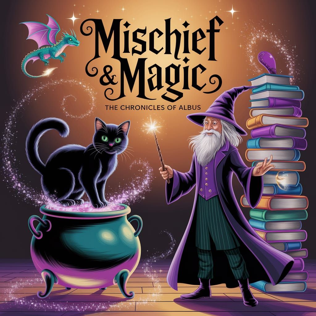 Magical Cat Perched on Cauldron with Wizard