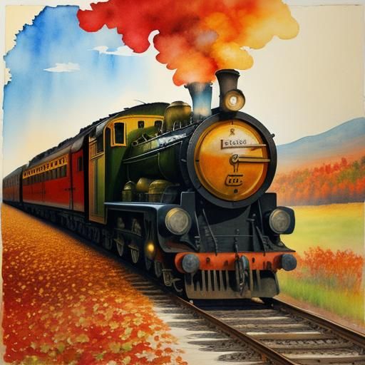 torn paper collage art, watercolours - fall with a steam train, red, yellow, orange, light blue mood. Nostalgic and emot...