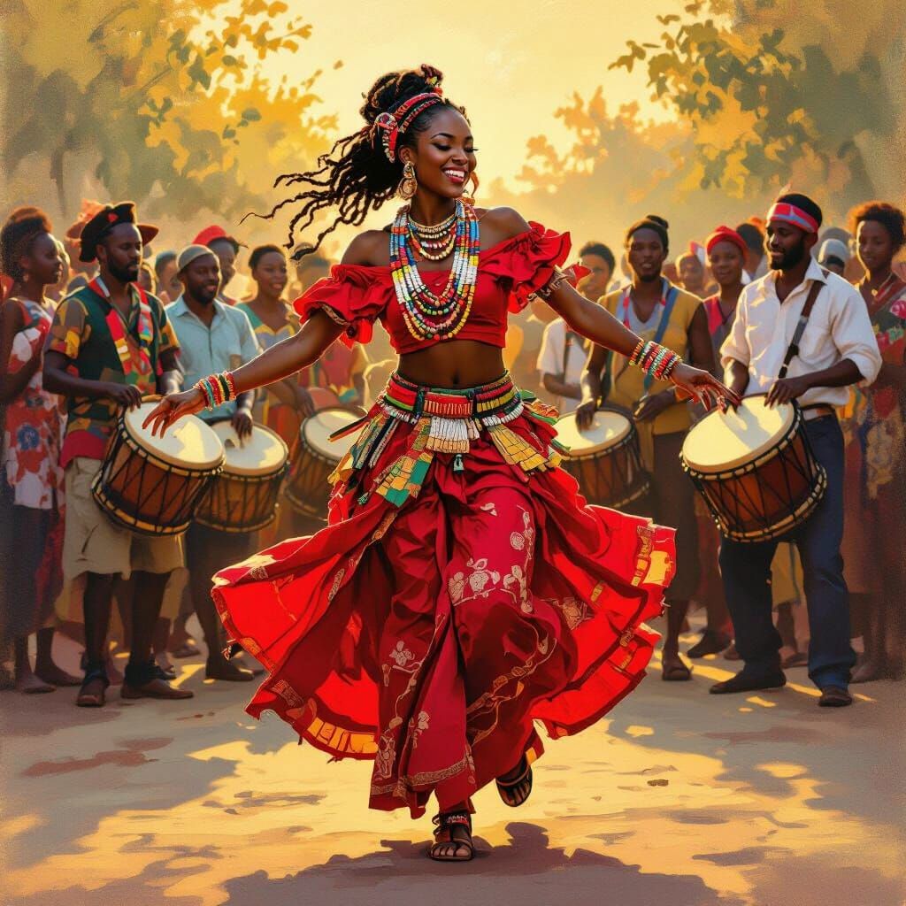 Edo Dancer in Red Attire with Drummers