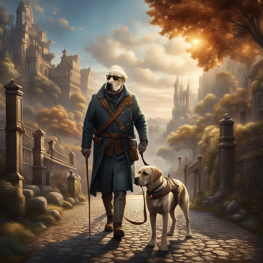 Blind Man and Guide Dog in Detailed Digital Painting