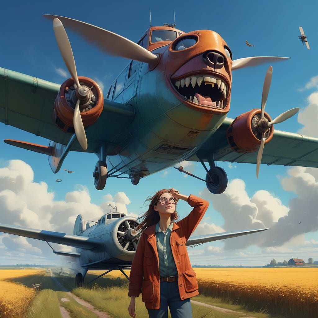 Spectacled Woman Soars on Vintage Airplane