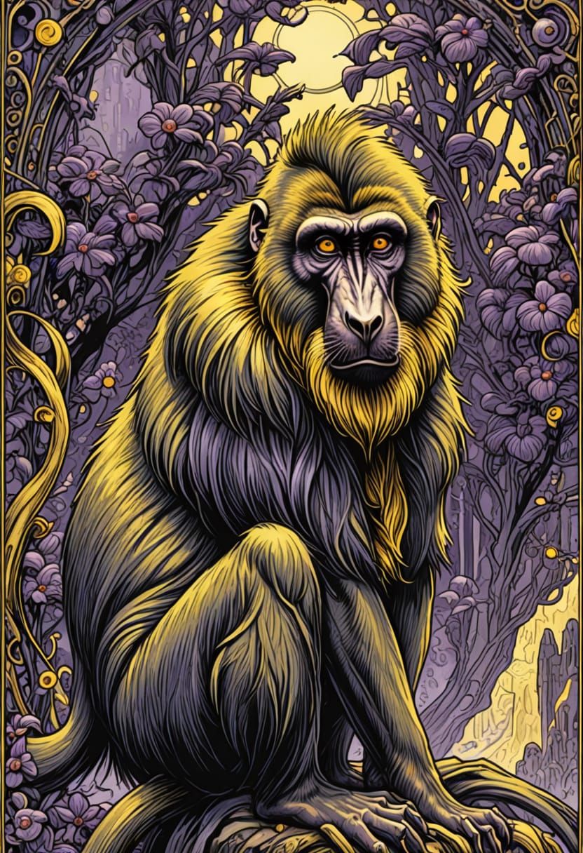 Dark Fantasy Mandrill Etching in Masterful Comic Book Style
