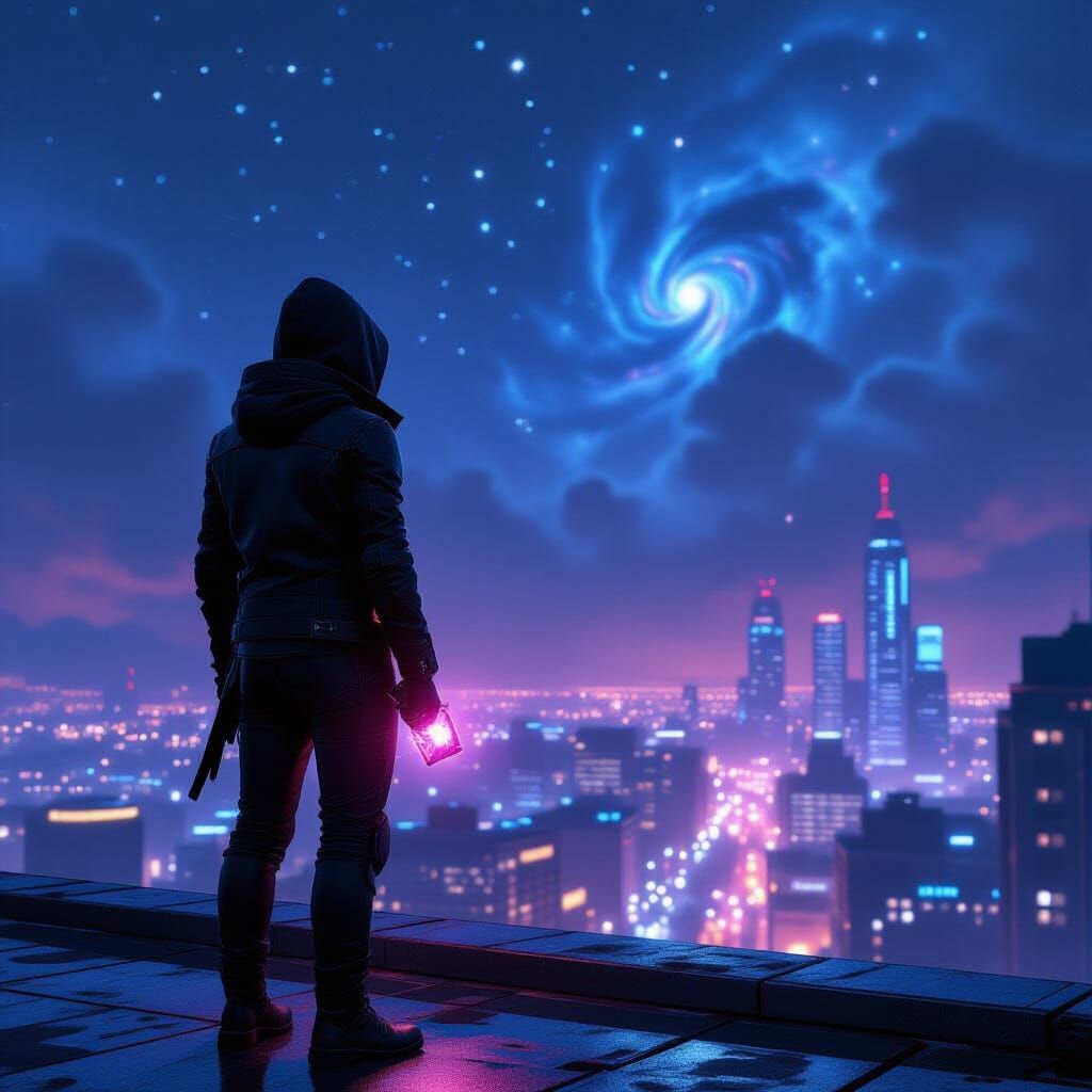 Diamond Thief Overlooking Neon Dystopian City