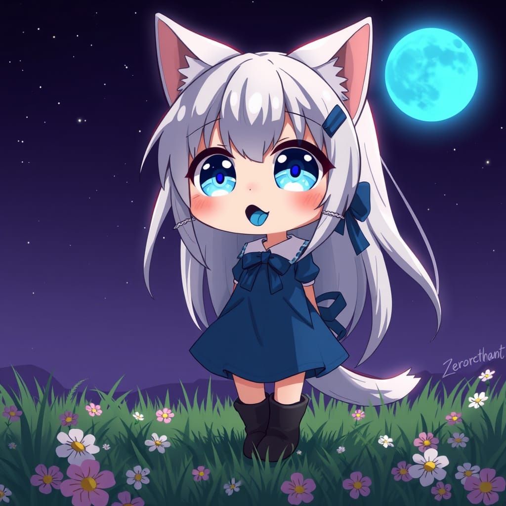 Adorable Anime Catgirl Under Starry Night Sky