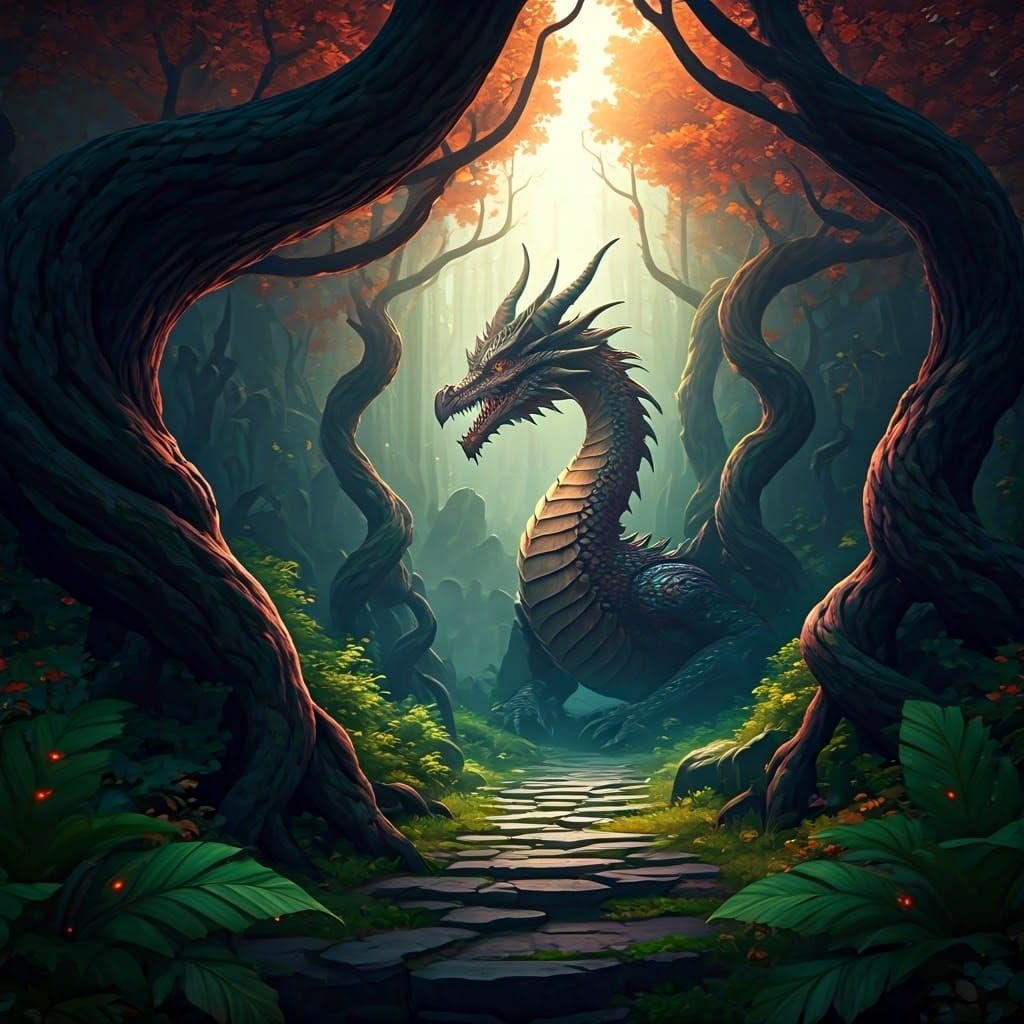 Mystical Dragon in Lush Forest, Fantasy Concept Art