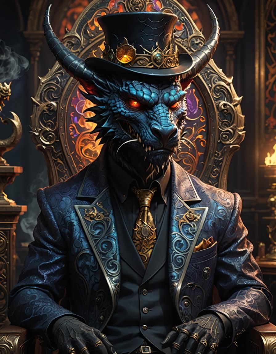 Demon Dragon Jazz Musician with Cat, Art Nouveau Style