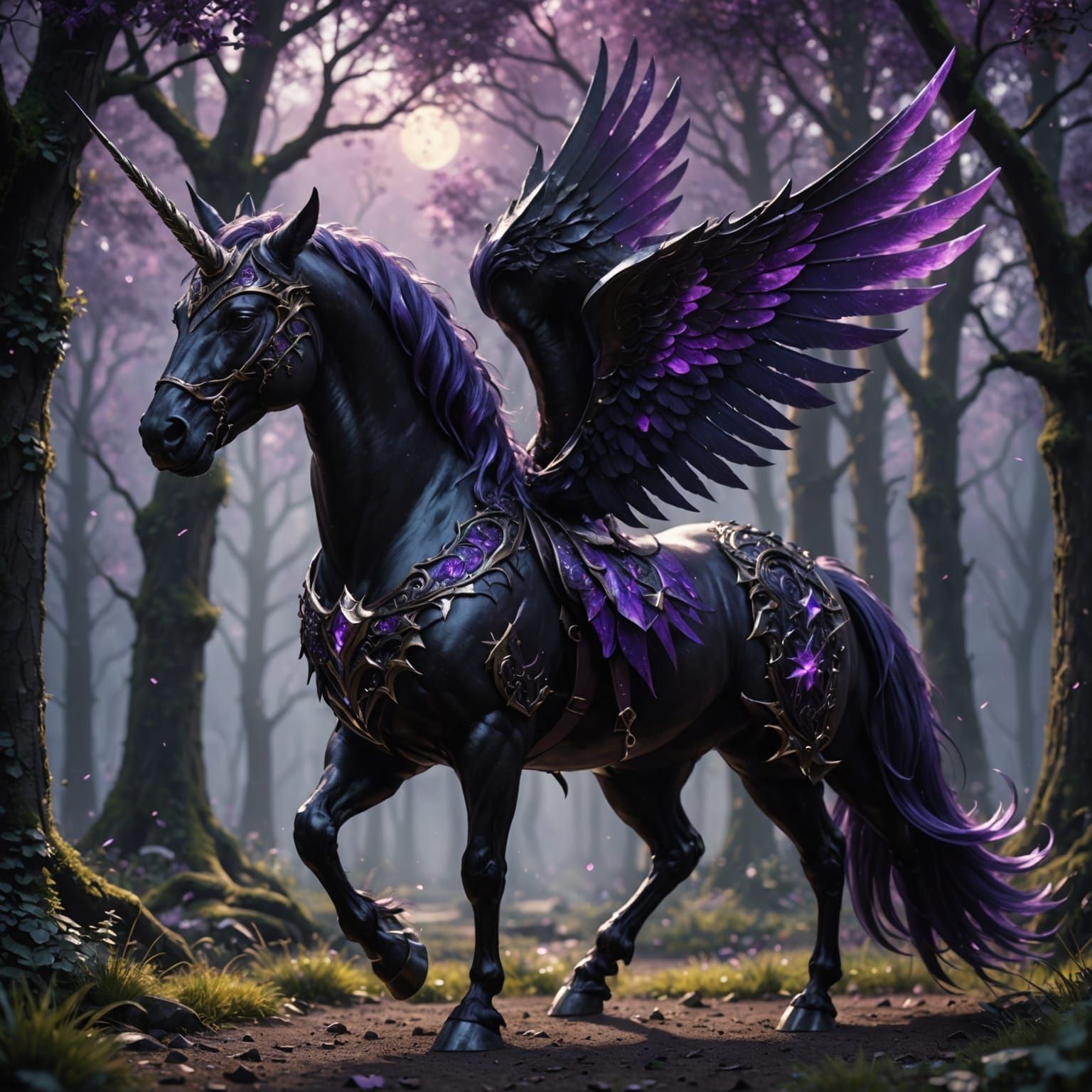 Shimmering Black Unicorn with Obsidian Horn and Majestic Pur...