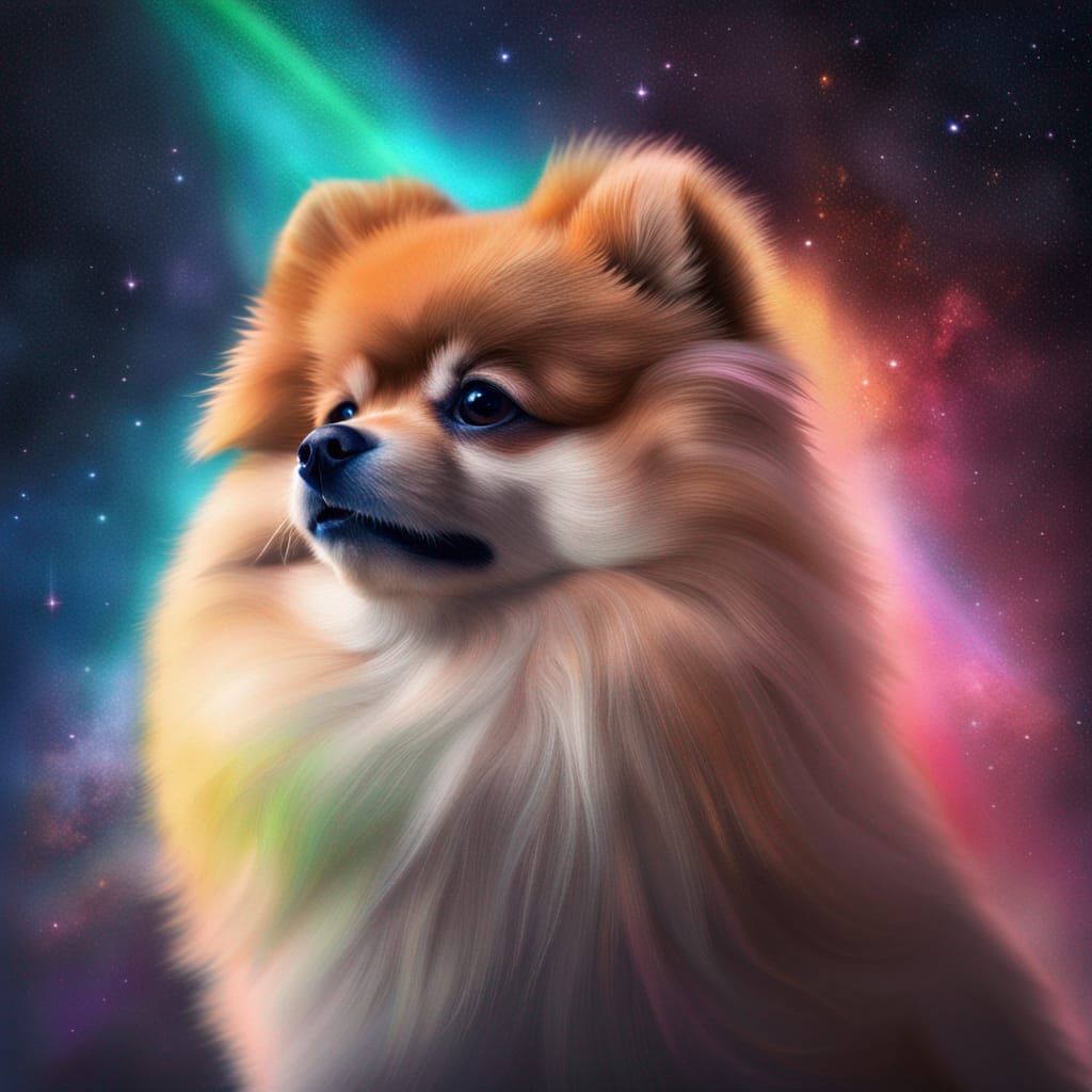 Pomeranian Observes Rainbow Galaxy: Hyperrealistic Rendering