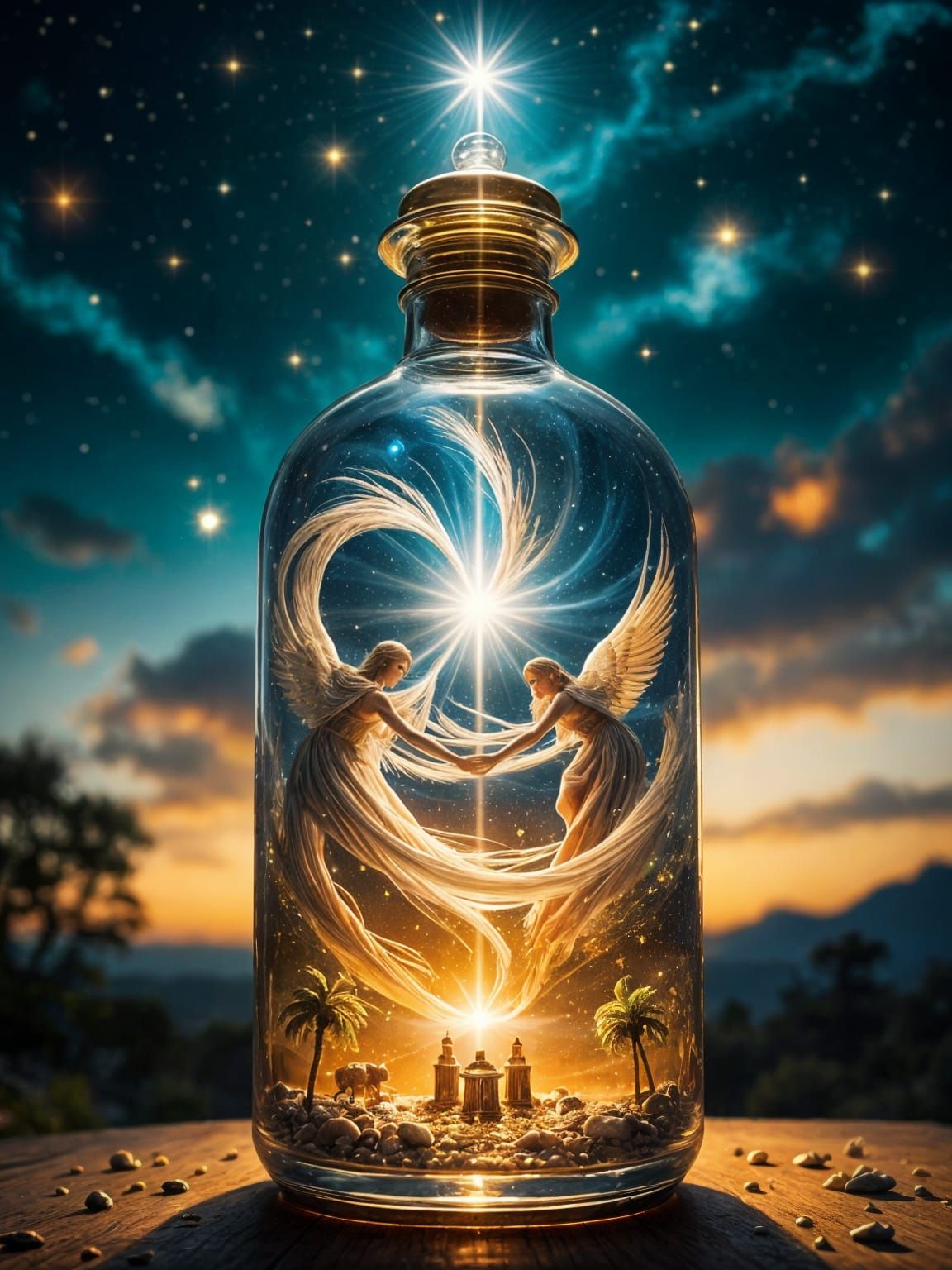 Ethereal Christmas Scene Captured in Glowing Bottle