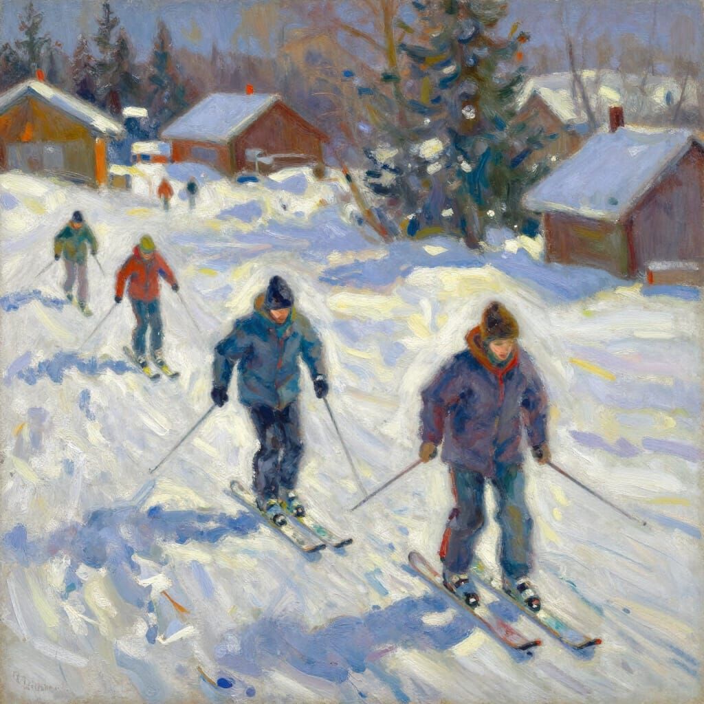 Expressive Oil Painting of Skiers in Motion