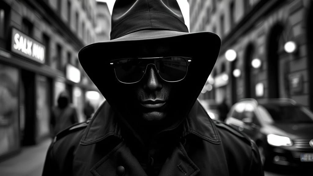 Hyper Realistic Black and White Spy in Black Attire
