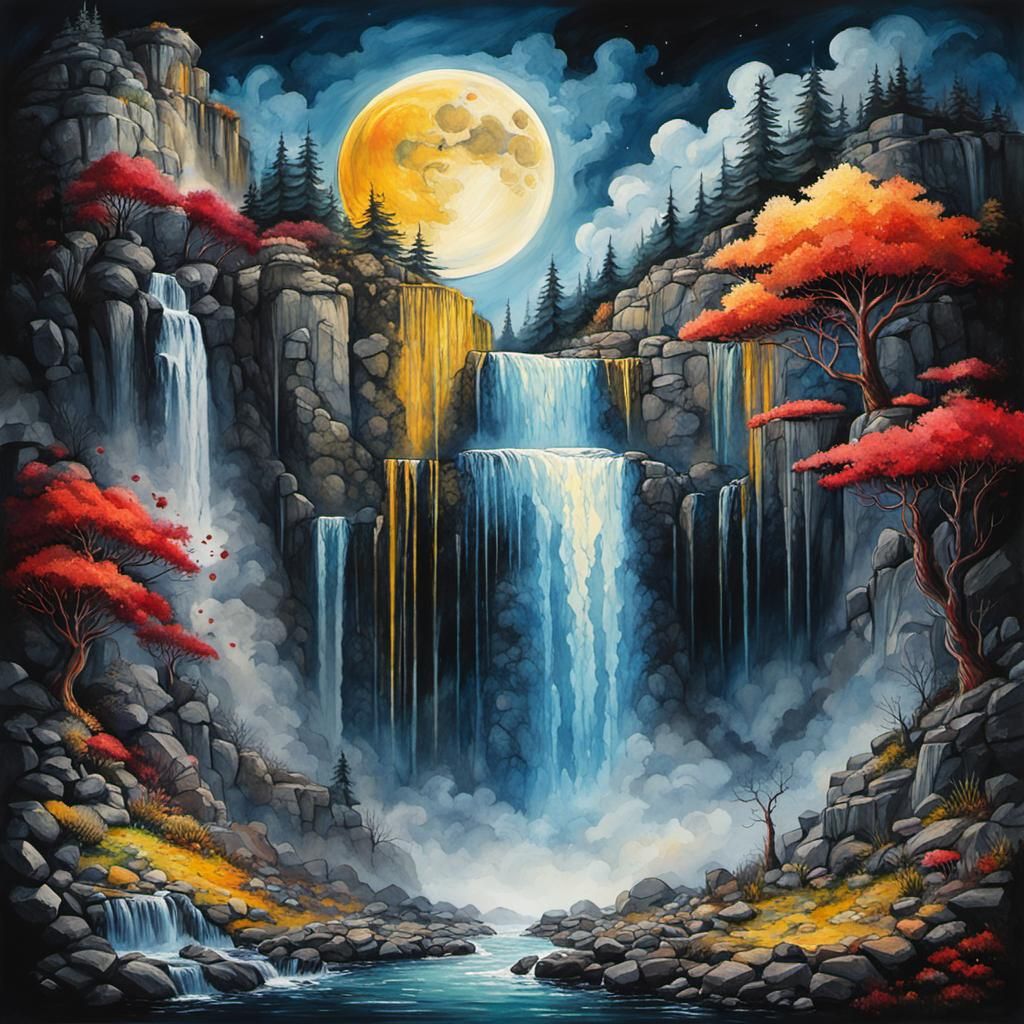 Colorful Waterfalls with Flying Flowers, Sinister Illustrati...