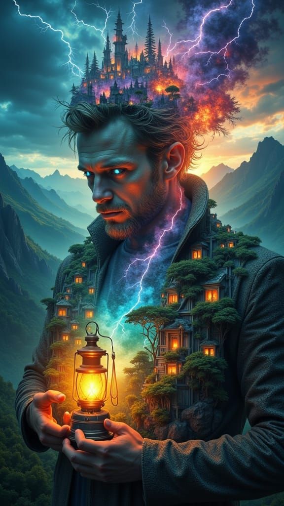 Man Holding Lantern with World Inside, Surreal Concept Art