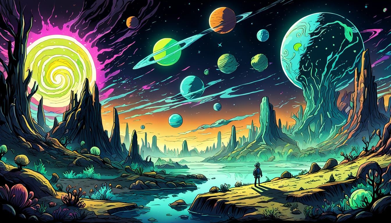 Ethereal Exoplanet with Wacky Creatures in Sketch Style