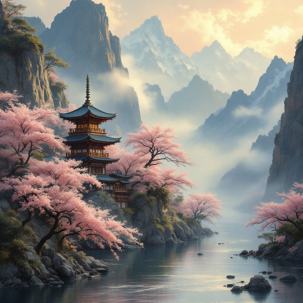 Ethereal Pagoda in Misty Mountains