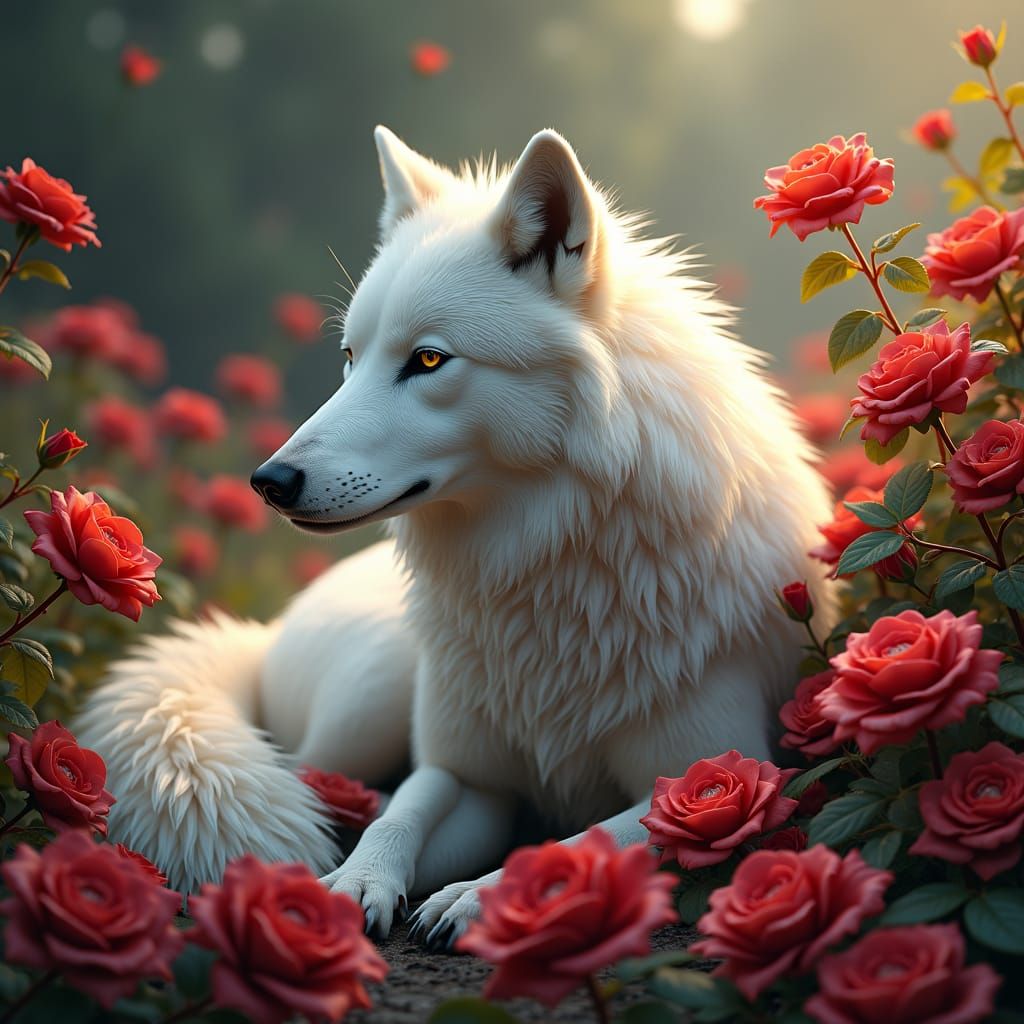 Majestic White Wolf in a Bed of Roses