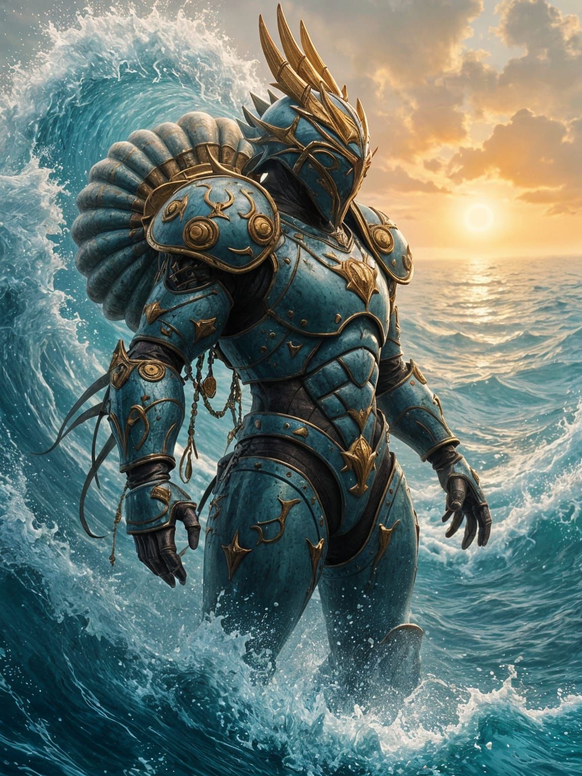 Seashell Armor Warrior: Marine-Themed Splash Art