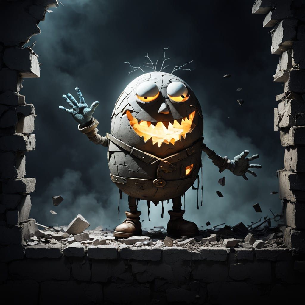 Ethereal Shattered Humpty Dumpty in a Haunting Gothic Scene