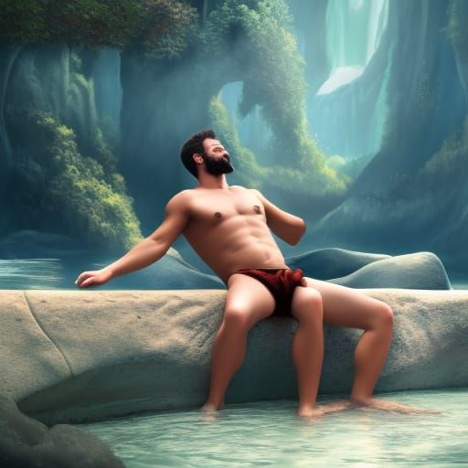 Man Bathing Shirtless in Fantastical Stream