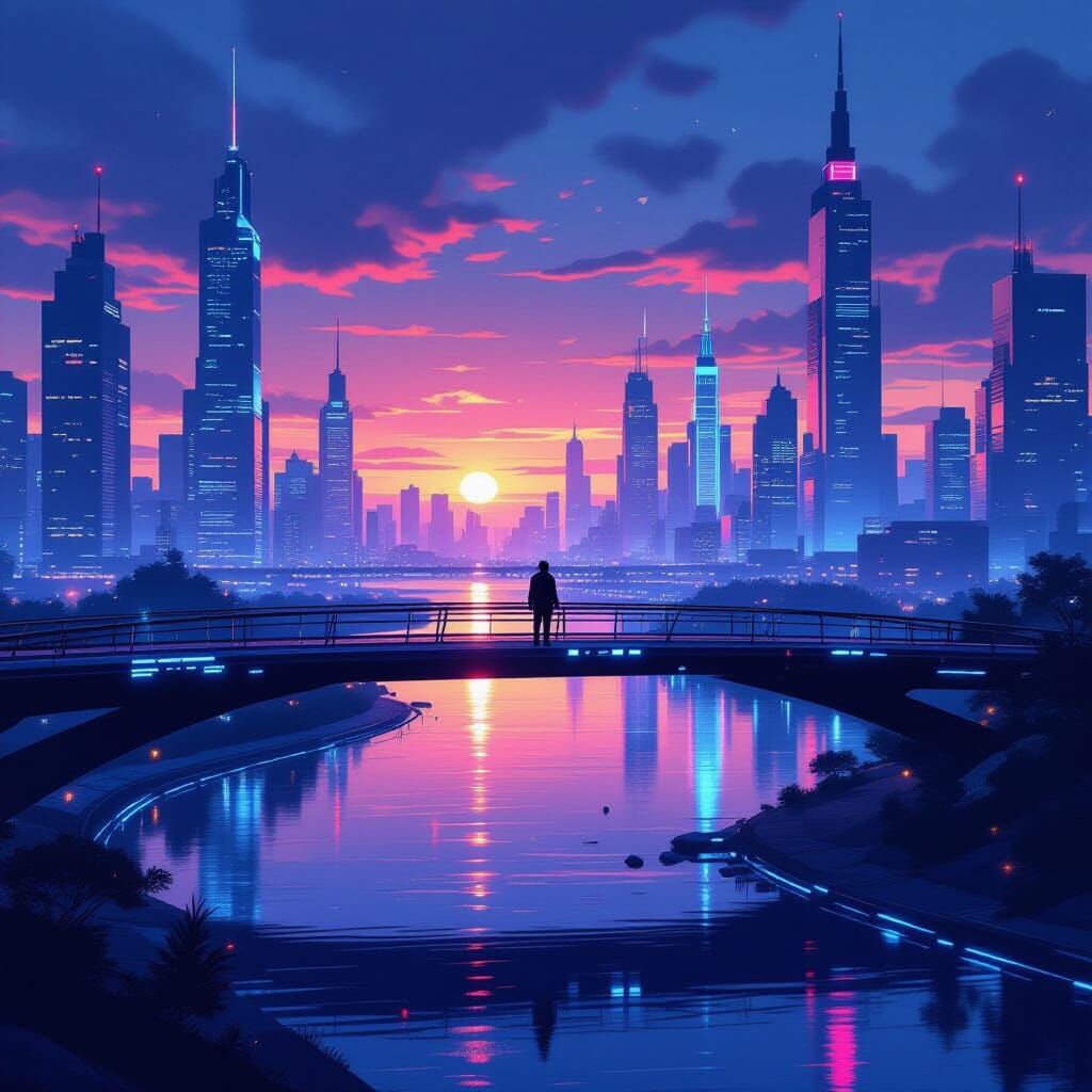 Futuristic Cityscape at Dusk with Neon River Reflections