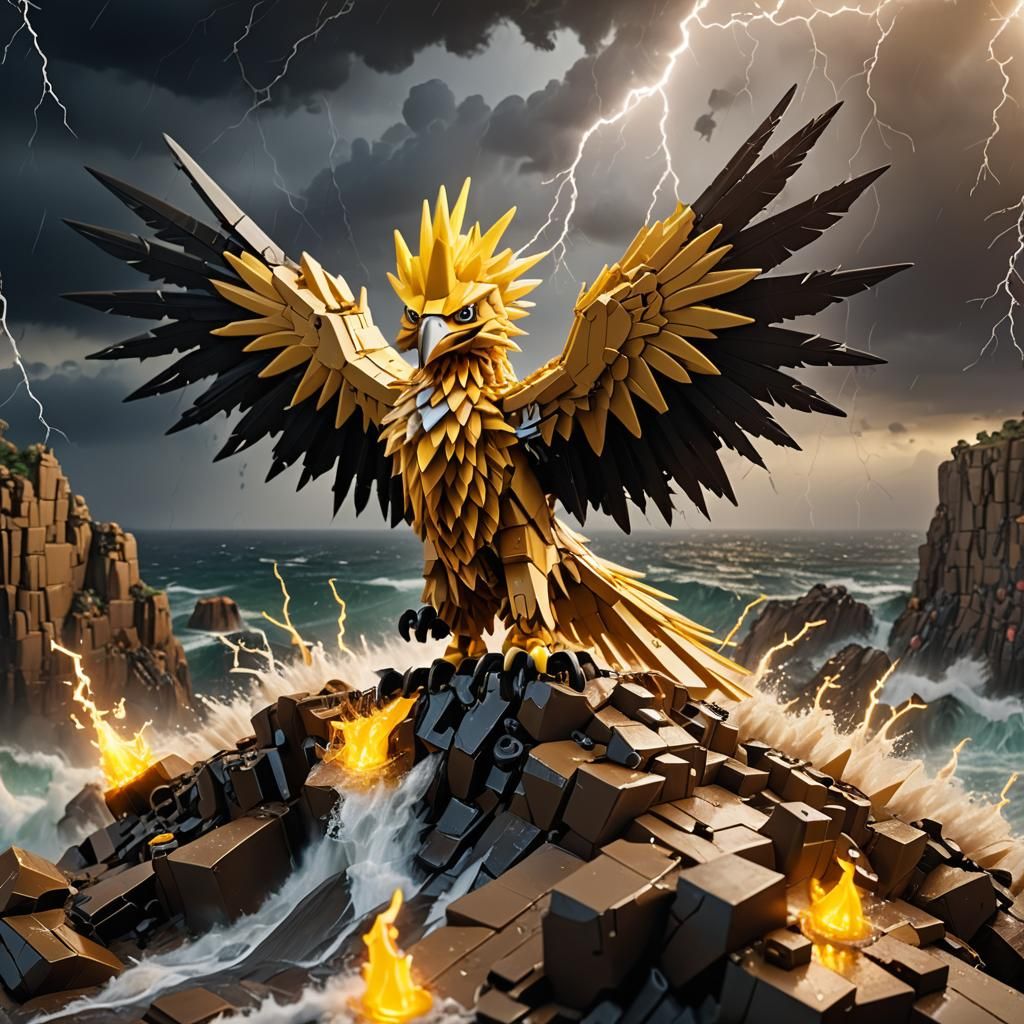Lego Zapdos on Stormy Cliff: Digital Art