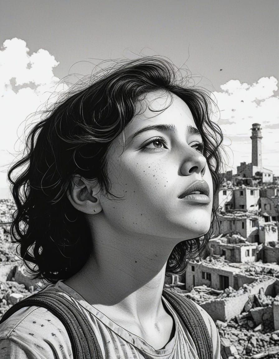A Young Palestinian Girl Looks Upwards in a Ruined Landscape