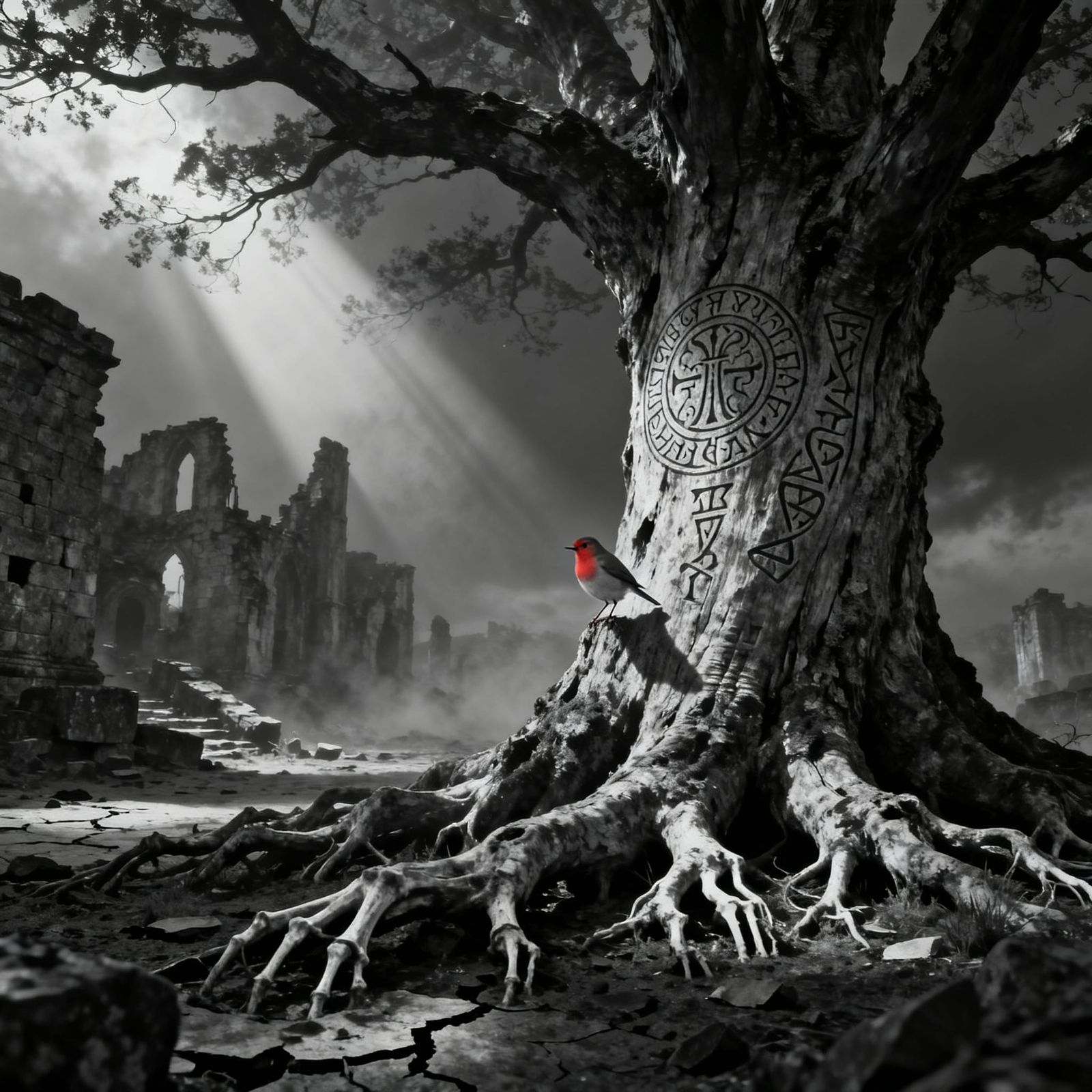 Ancient Art Nouveau Tree in Mist Shrouded Landscape