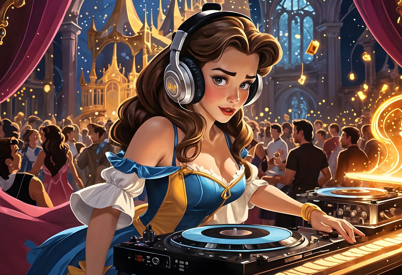 Belle DJ'ing at a Disney Rave, Gouache Illustration
