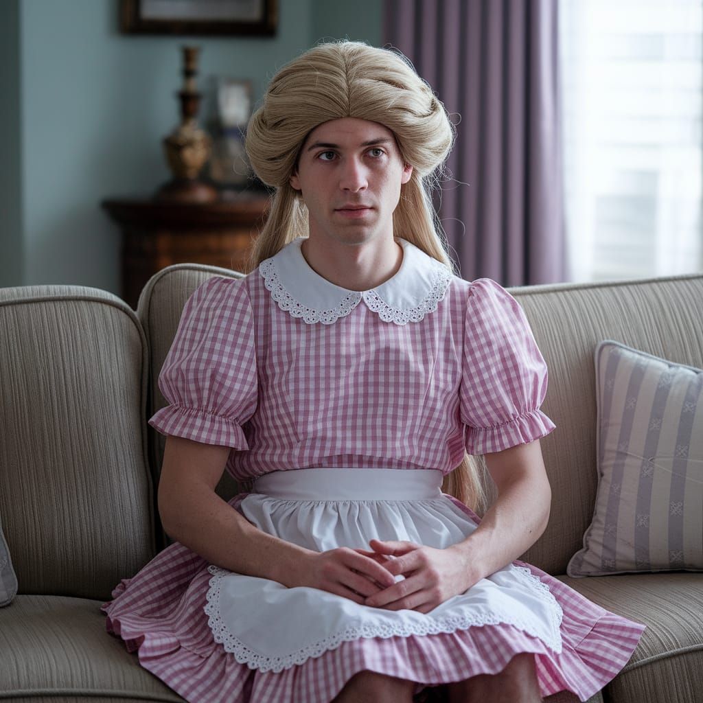 Young Man in Plaid Minidress Posing on Sofa