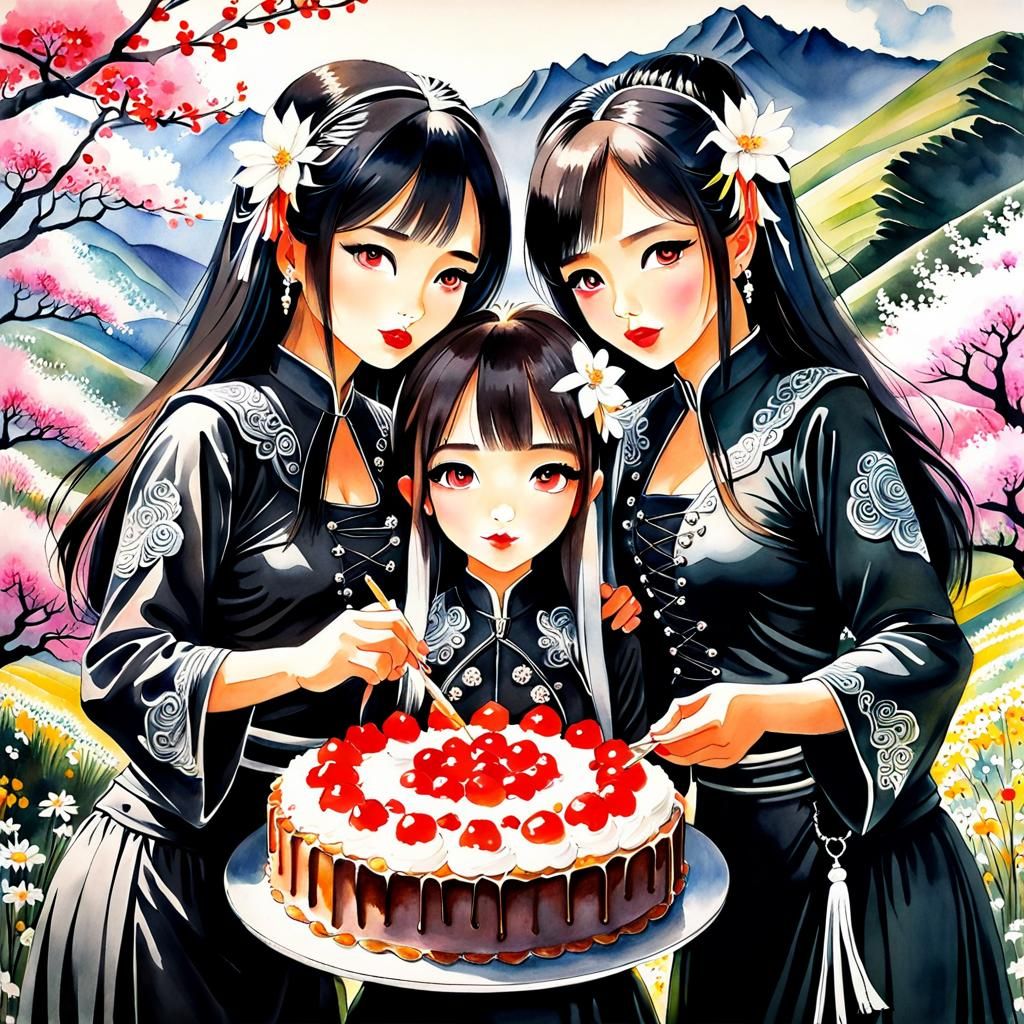 Gypsy Sisters Share Cake in Watercolor Landscape