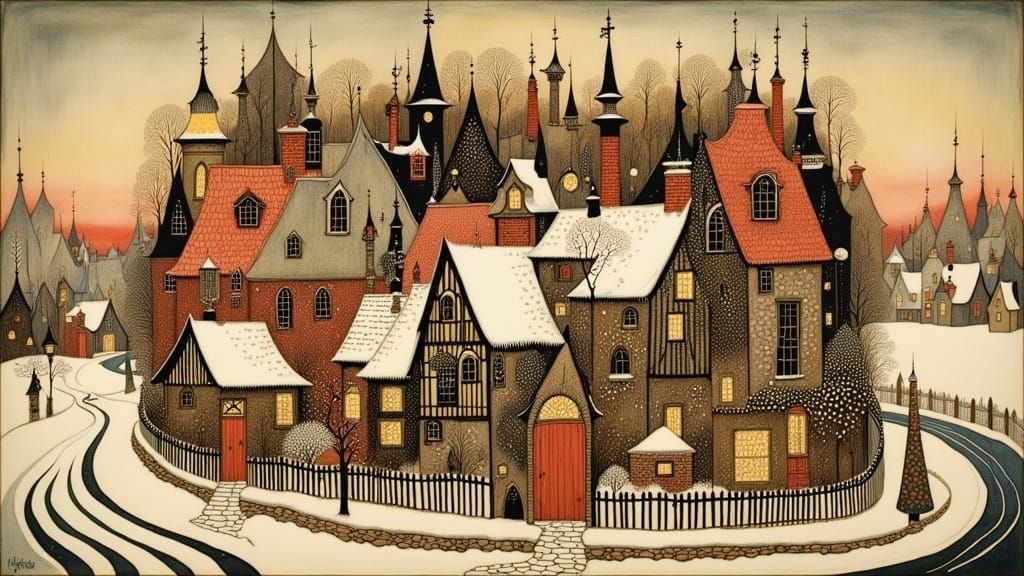 Vintage Christmas Village Postcard in Storybook Style