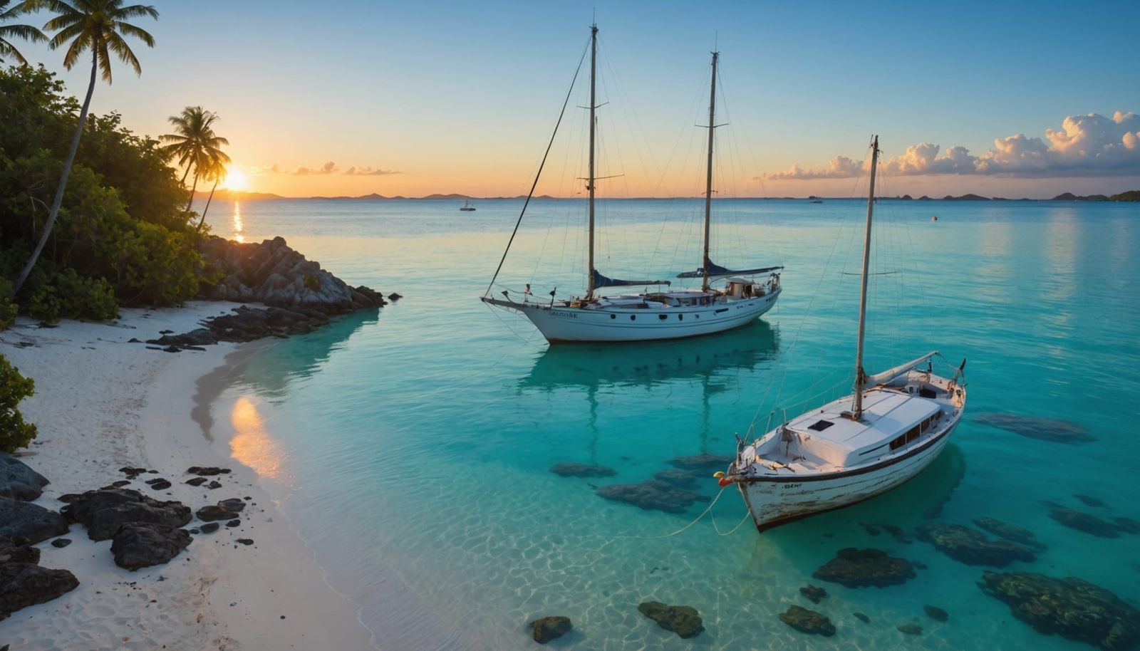 Tranquil Tropical Cove at Twilight: Golden Hour Sailboat