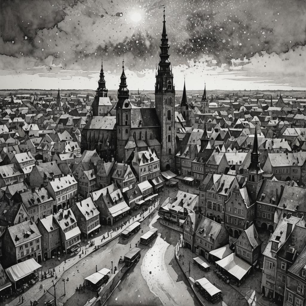 Whimsical View of Bolesławiec Market Square in Pointillism