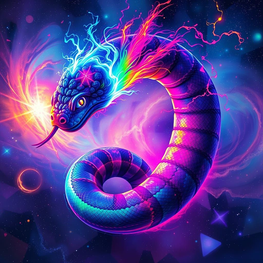 Bioluminescent Serpent Paints Cosmic Chaos in Dreamlike Digi...