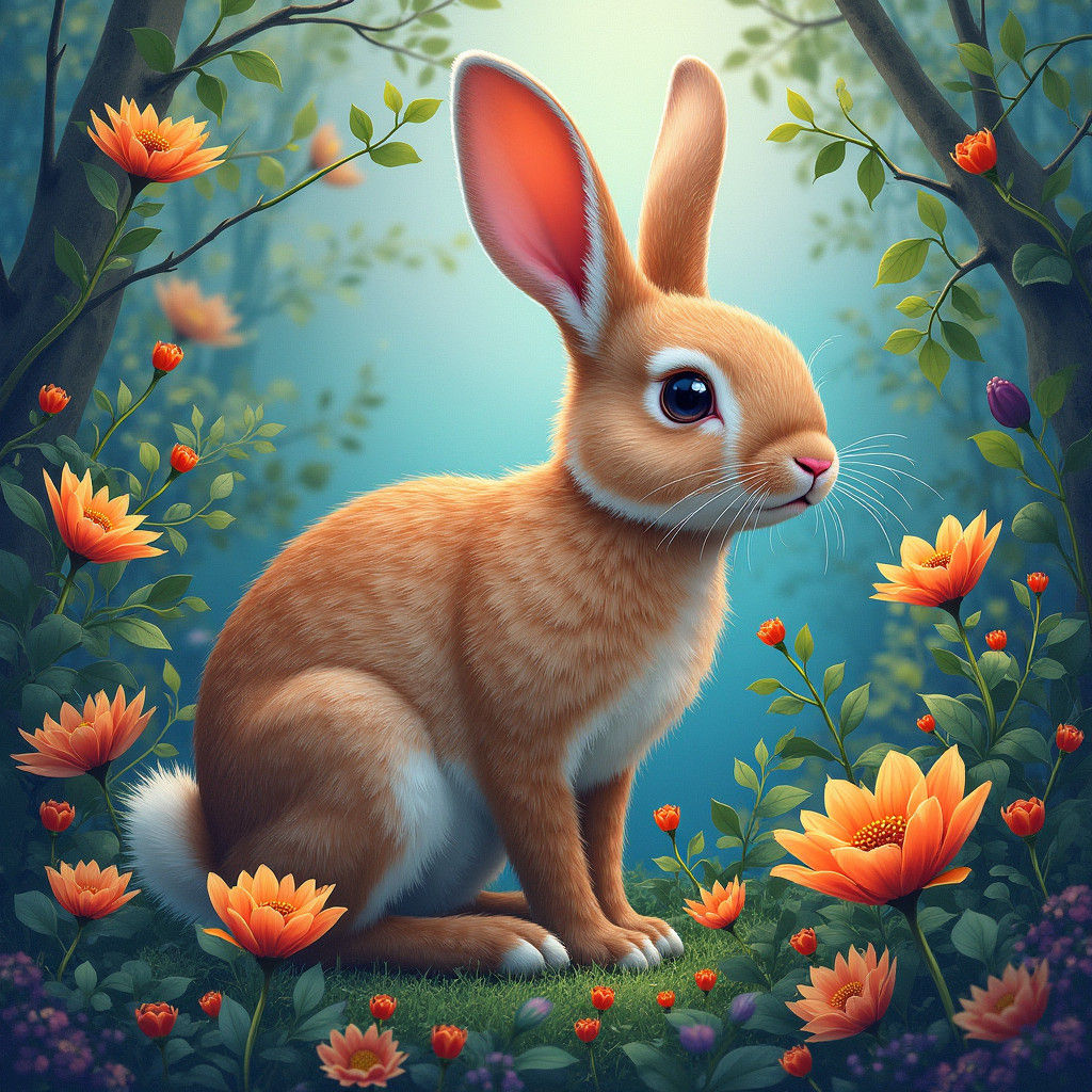 Whimsical Rabbit Watercolor Illustration in Fantasy Style
