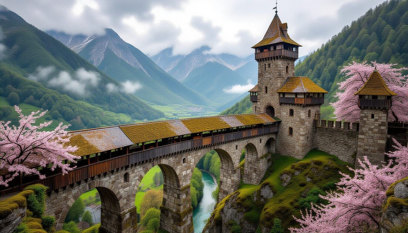 Textile Collage of Medieval Bridge on Mountain