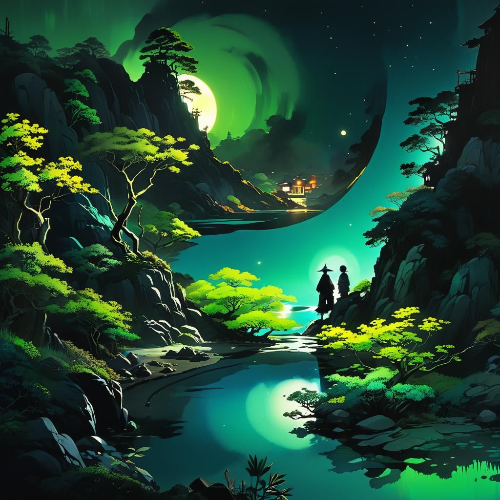 Yin Yang Light and Shade, bioluminecent Japanese landscape, ...