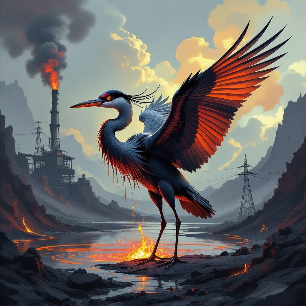 Magma-Forged Heron in Digital Painting Style